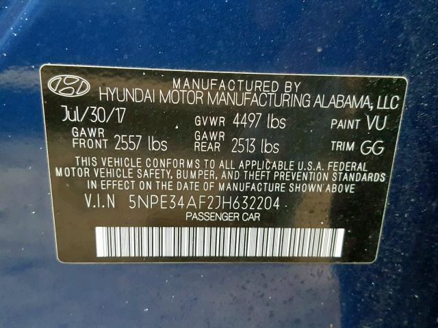 5NPE34AF2JH632204 - 2018 HYUNDAI SONATA SPO BLUE photo 10