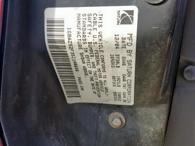 1G8AZ52F35Z140646 - 2005 SATURN ION LEVEL RED photo 10