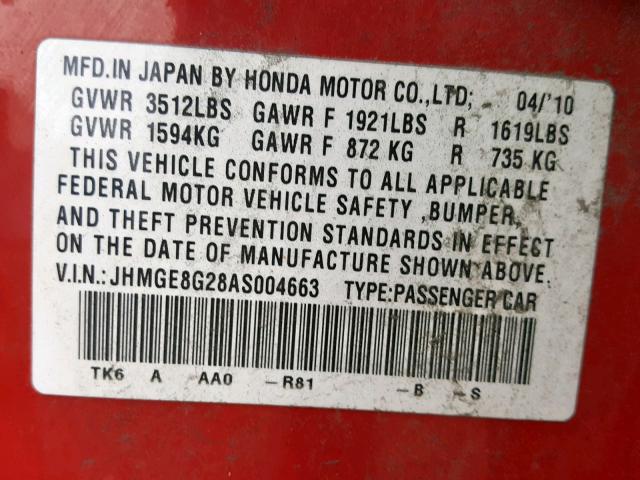 JHMGE8G28AS004663 - 2010 HONDA FIT RED photo 10