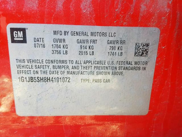 1G1JB5SH8H4101072 - 2017 CHEVROLET SONIC LS 红色 照片 10