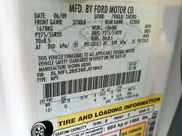 5LMFL28539EJ01863 - 2009 LINCOLN NAVIGATOR Ақ фото 10