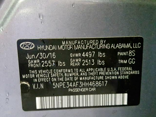 5NPE34AF3HH468617 - 2017 HYUNDAI SONATA SPO SILVER photo 10