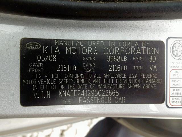 KNAFE241295022668 - 2009 KIA SPECTRA SX SILVER photo 10