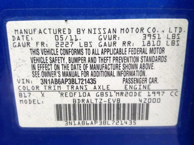 3N1AB6AP3BL721435 - 2011 NISSAN SENTRA 2.0 BLUE photo 10