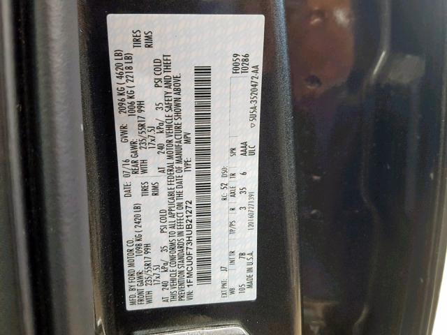 1FMCU0F73HUB21272 - 2017 FORD ESCAPE S CHARCOAL photo 10