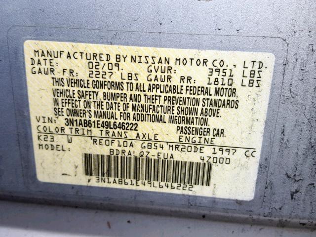 3N1AB61E49L646222 - 2009 NISSAN SENTRA 2.0 SILVER photo 10