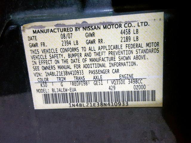 1N4BL21E38N410933 - 2008 NISSAN ALTIMA 3.5 GRAY photo 10