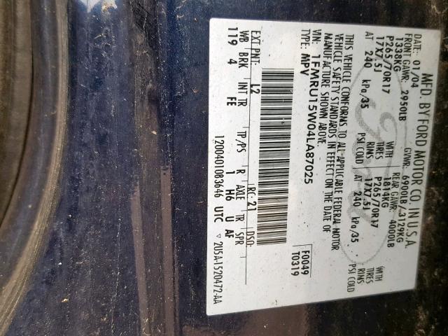 1FMRU15W04LA87025 - 2004 FORD EXPEDITION BLUE photo 10