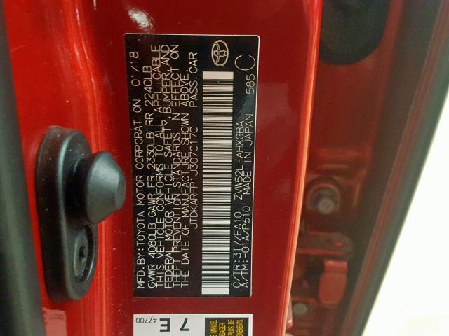 JTDKARFP1J3070170 - 2018 TOYOTA PRIUS PRIM 红色 照片 10