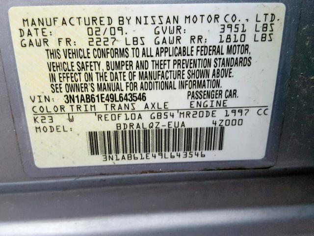 3N1AB61E49L643546 - 2009 NISSAN SENTRA 2.0 SILVER photo 10