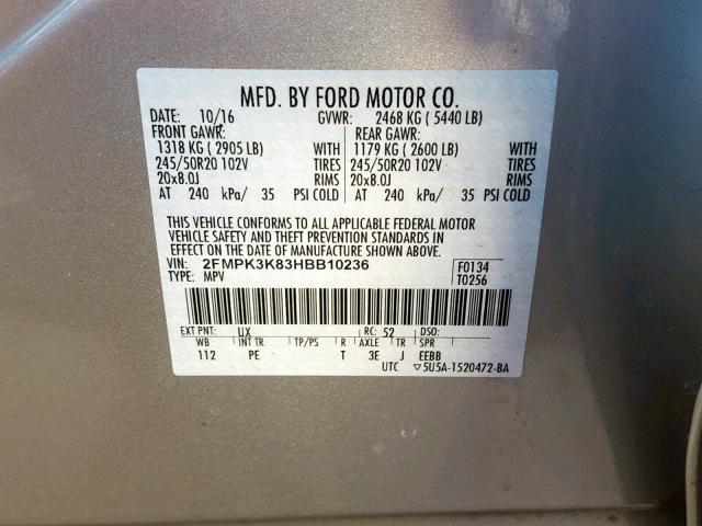 2FMPK3K83HBB10236 - 2017 FORD EDGE TITAN SILVER photo 10