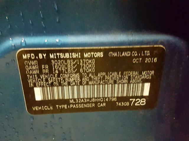 ML32A3HJ8HH014796 - 2017 MITSUBISHI MIRAGE ES BLUE photo 10