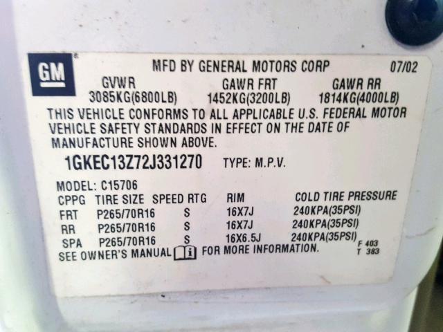 1GKEC13Z72J331270 - 2002 GMC YUKON WHITE photo 10