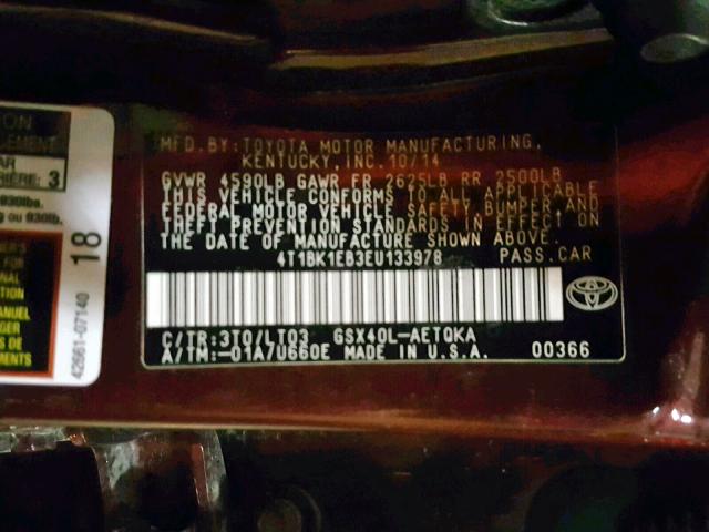 4T1BK1EB3EU133978 - 2014 TOYOTA AVALON BAS Bordeaux photo 10