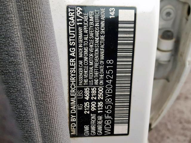 WDBJF65J8YB042518 - 2000 MERCEDES-BENZ E 320 WHITE photo 10