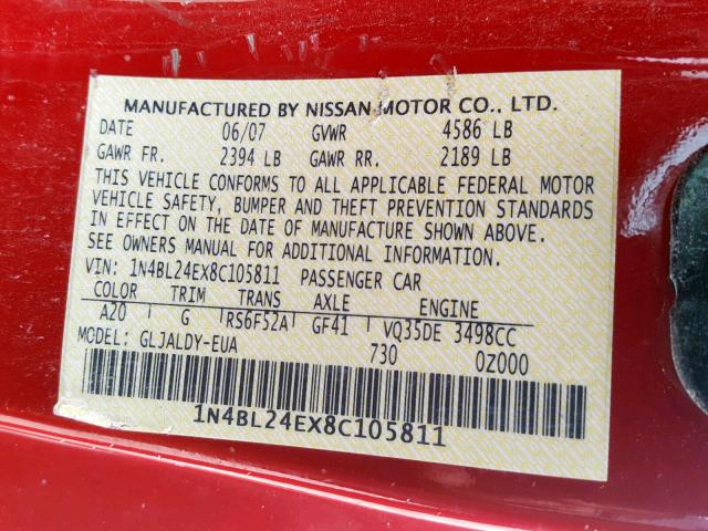 1N4BL24EX8C105811 - 2008 NISSAN ALTIMA 3.5 RED photo 10