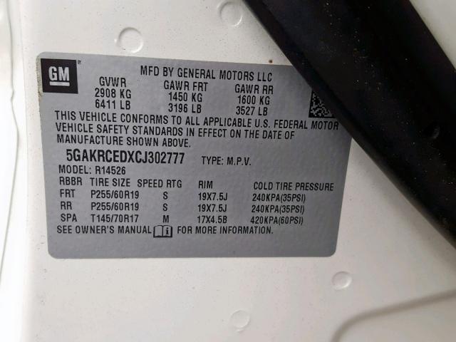 5GAKRCEDXCJ302777 - 2012 BUICK ENCLAVE WHITE photo 10