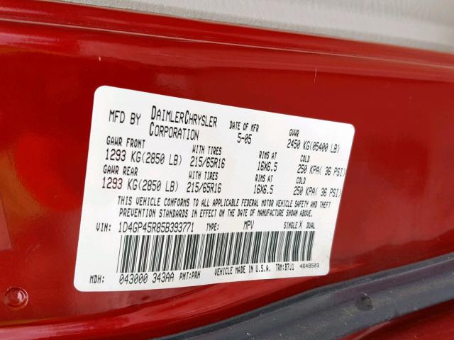 1D4GP45R85B393771 - 2005 DODGE CARAVAN SX RED photo 10