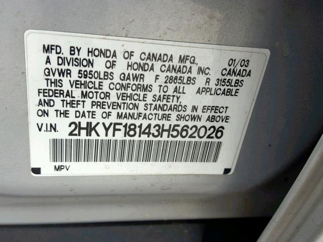 2HKYF18143H562026 - 2003 HONDA PILOT LX SILVER photo 10