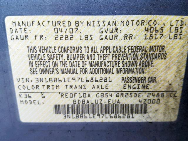 3N1BB61E97L686281 - 2007 NISSAN SENTRA SE- SILVER photo 10