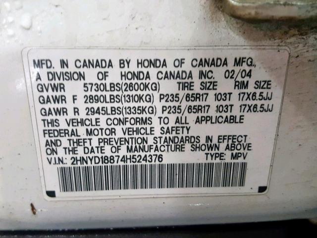 2HNYD18874H524376 - 2004 ACURA MDX TOURIN WHITE photo 10