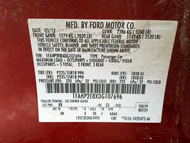 1FAHP2E8XDG107696 - 2013 FORD TAURUS SEL BURGUNDY photo 10