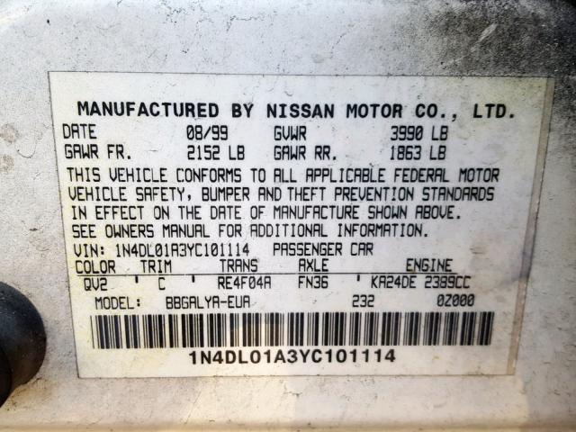 1N4DL01A3YC101114 - 2000 NISSAN ALTIMA XE WHITE photo 10