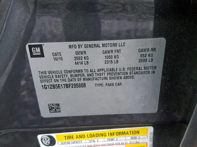 1G1ZB5E17BF205808 - 2011 CHEVROLET MALIBU LS ნაცრისფერი ფოტო 10