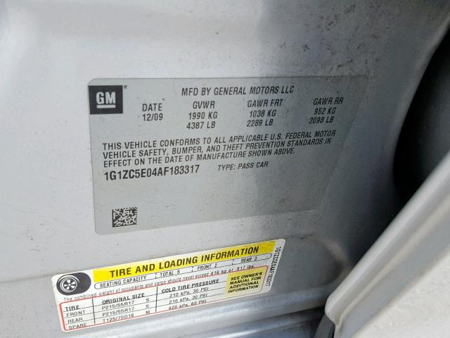 1G1ZC5E04AF183317 - 2010 CHEVROLET MALIBU 1LT SILVER photo 10