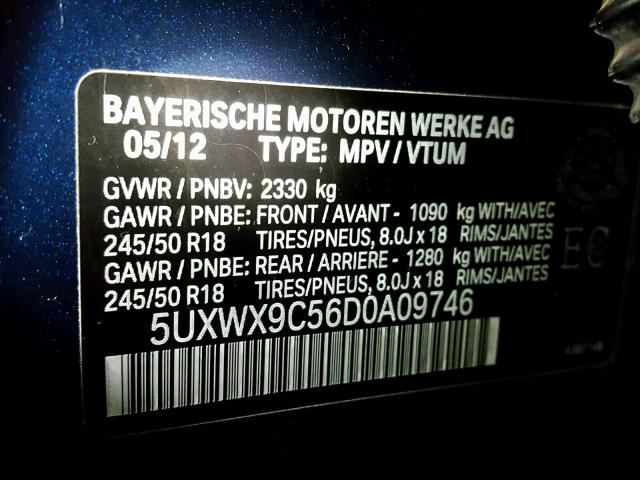 5UXWX9C56D0A09746 - 2013 BMW X3 XDRIVE2 BLUE photo 10