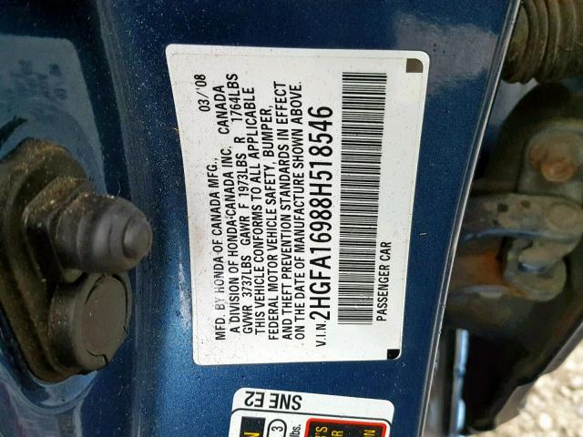 2HGFA16988H518546 - 2008 HONDA CIVIC EXL BLUE photo 10