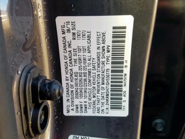 2HKRM3H71GH556779 - 2016 HONDA CR-V EXL GRAY photo 10