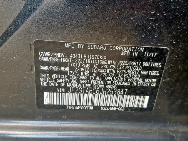 JF2GTABC6JH253847 - 2018 SUBARU CROSSTREK GRAY photo 10