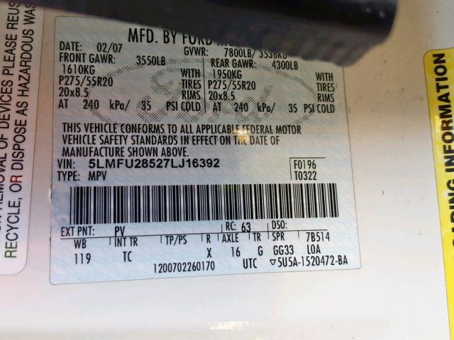 5LMFU28527LJ16392 - 2007 LINCOLN NAVIGATOR 白色 照片 10