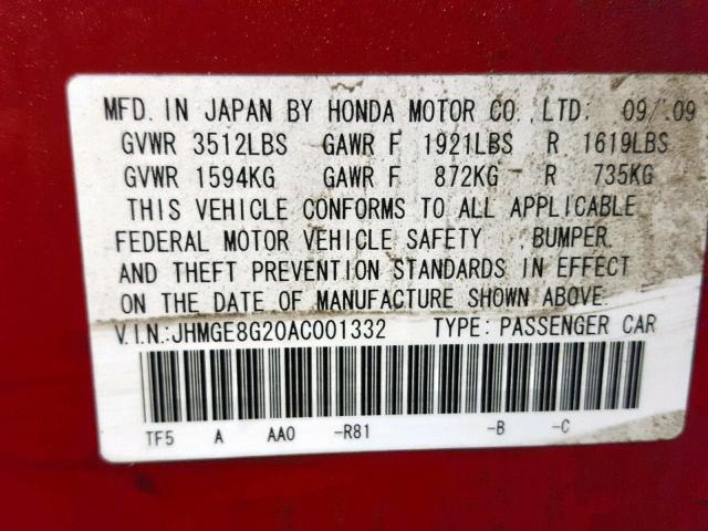 JHMGE8G20AC001332 - 2010 HONDA FIT RED photo 10