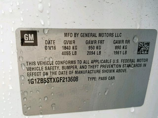 1G1ZB5STXGF213608 - 2016 CHEVROLET MALIBU LS 白色 照片 10