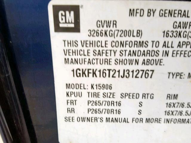 1GKFK16T21J312767 - 2001 GMC YUKON XL K BLUE photo 10