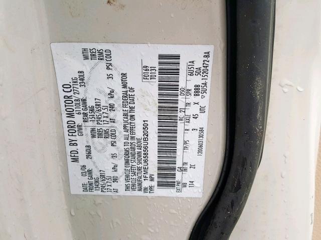 1FMEU65856UB20501 - 2006 FORD EXPLORER L WHITE photo 10