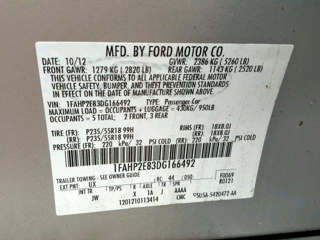 1FAHP2E83DG166492 - 2013 FORD TAURUS SEL SILVER photo 10