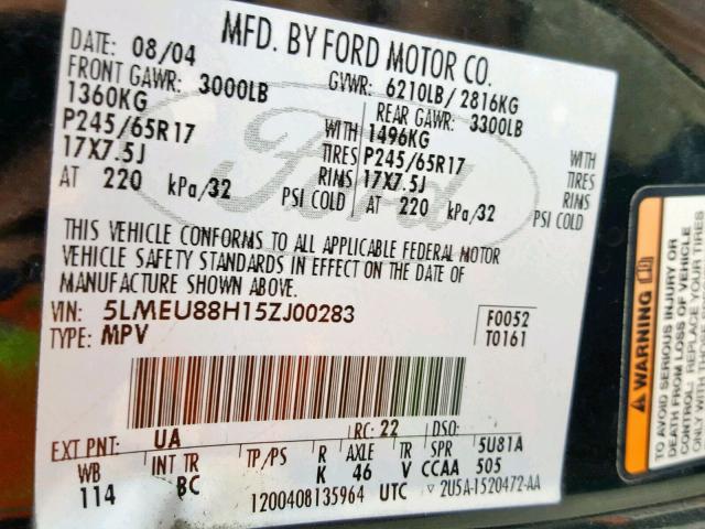 5LMEU88H15ZJ00283 - 2005 LINCOLN AVIATOR 黑色 照片 10