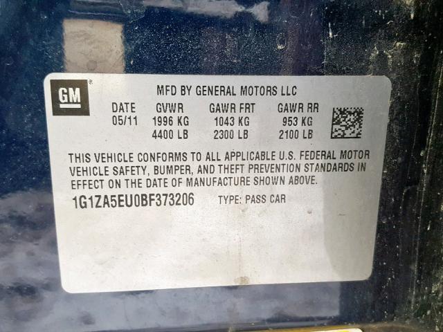 1G1ZA5EU0BF373206 - 2011 CHEVROLET MALIBU LS 蓝色 照片 10