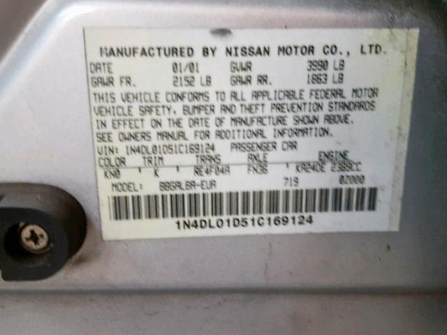 1N4DL01D51C169124 - 2001 NISSAN ALTIMA XE SILVER photo 10