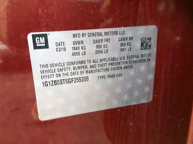 1G1ZB5ST6GF255208 - 2016 CHEVROLET MALIBU LS 栗色 照片 10