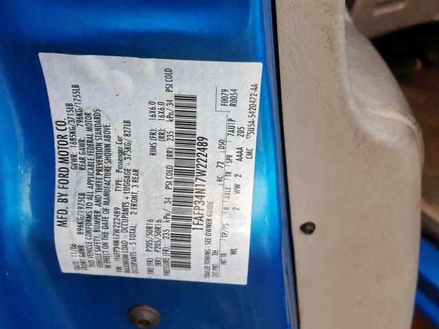 1FAFP34N17W222489 - 2007 FORD FOCUS ZX4 BLUE photo 10