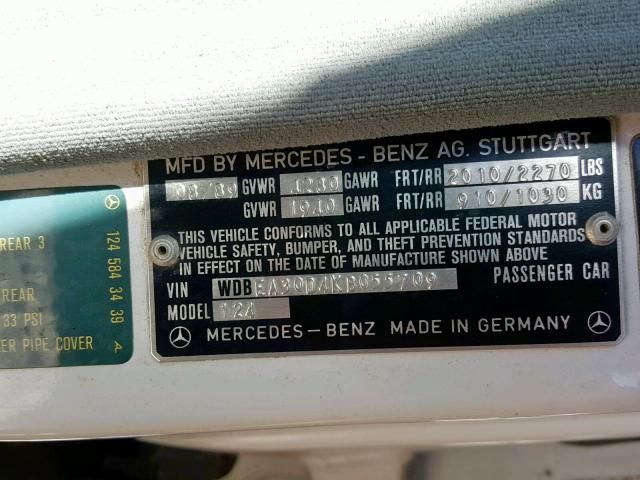 WDBEA30D4KB055709 - 1989 MERCEDES-BENZ 300 E WHITE photo 10