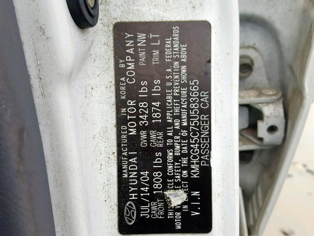 KMHCG45C75U583665 - 2005 HYUNDAI ACCENT GL WHITE photo 10