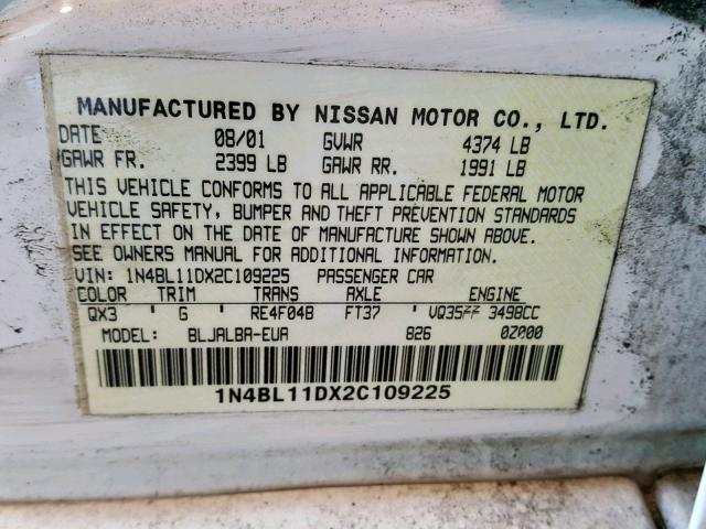 1N4BL11DX2C109225 - 2002 NISSAN ALTIMA SE WHITE photo 10