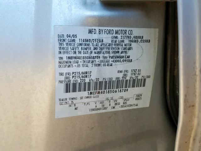 1MEFM40185G618789 - 2005 MERCURY MONTEGO LU SILVER photo 10