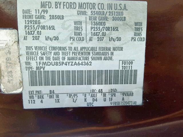 1FMDU85P4YZA64362 - 2000 FORD EXPLORER L MAROON photo 10