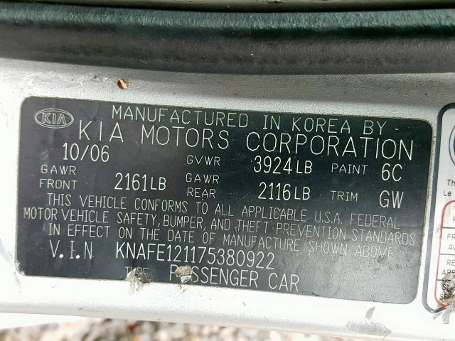 KNAFE121175380922 - 2007 KIA SPECTRA EX SILVER photo 10